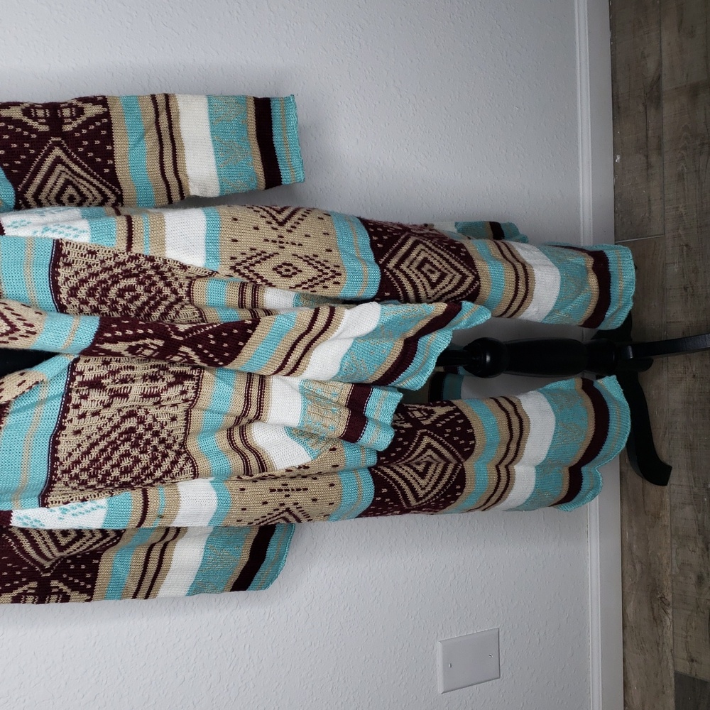 Love Cotton Knit Southwestern Asymmetric Long Line Open Front Cardigan Size M/L - Picture 5 of 14